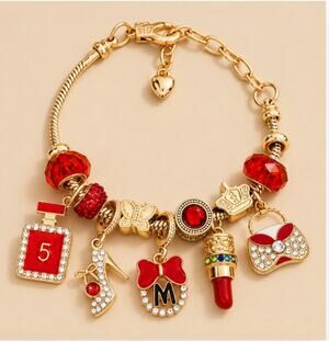 Red and Gold Fashion Charm Bracelet Girly Shoe Lipstick Perfume Bottle Pretty